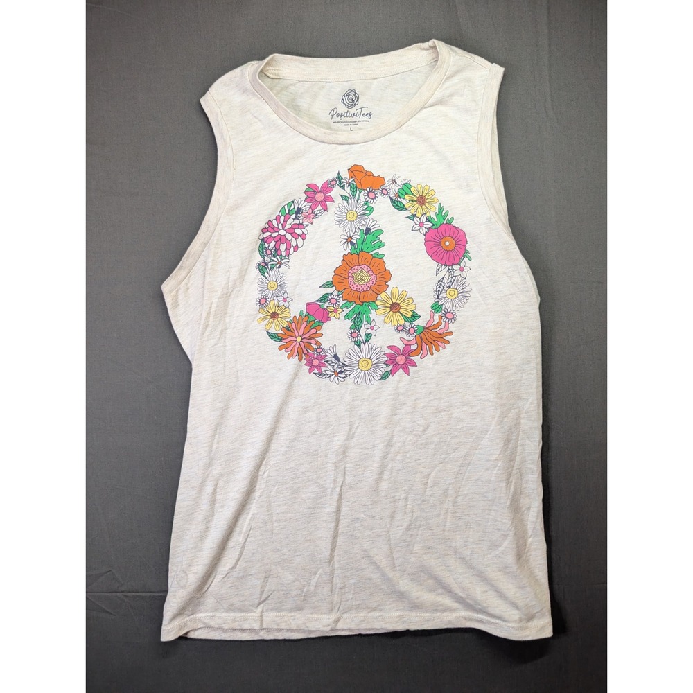 PositiviTees Women Floral Peace Sign Muscle Tank Top Oatmeal Heather Large 12-14